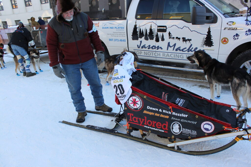 Iditarod nine time finisher Duane Halverson with Jason Mackeys 2023 Iditarod sled